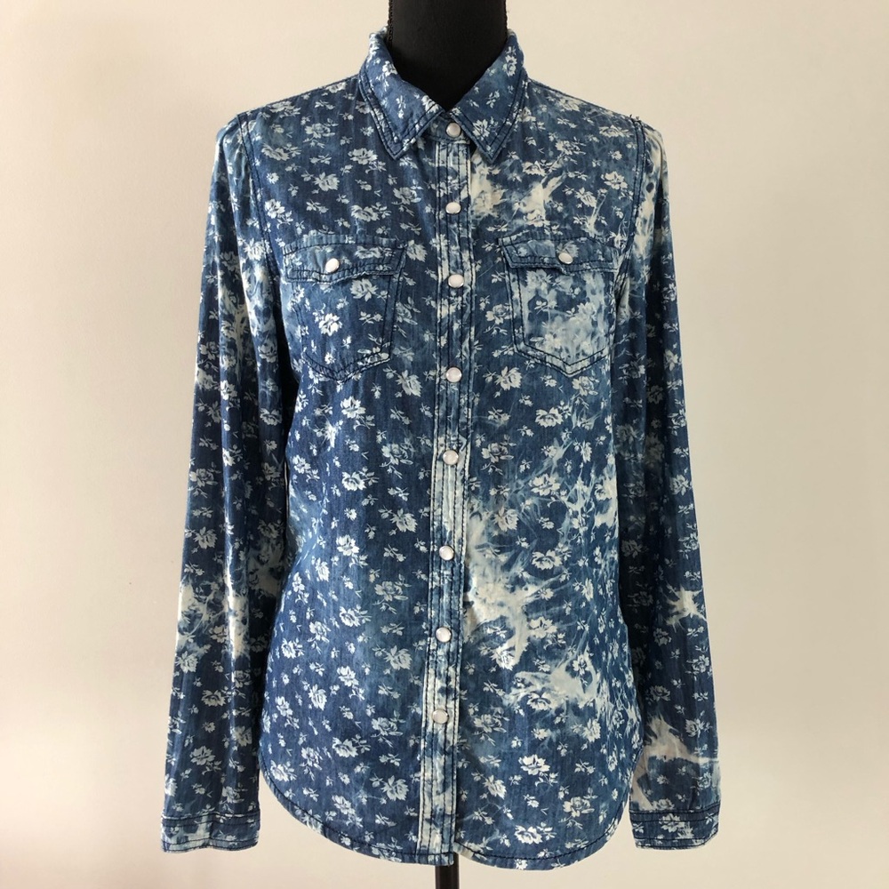 Women’s Chiqle Blue Tie-dyed Floral Button up Blouse Top size M
